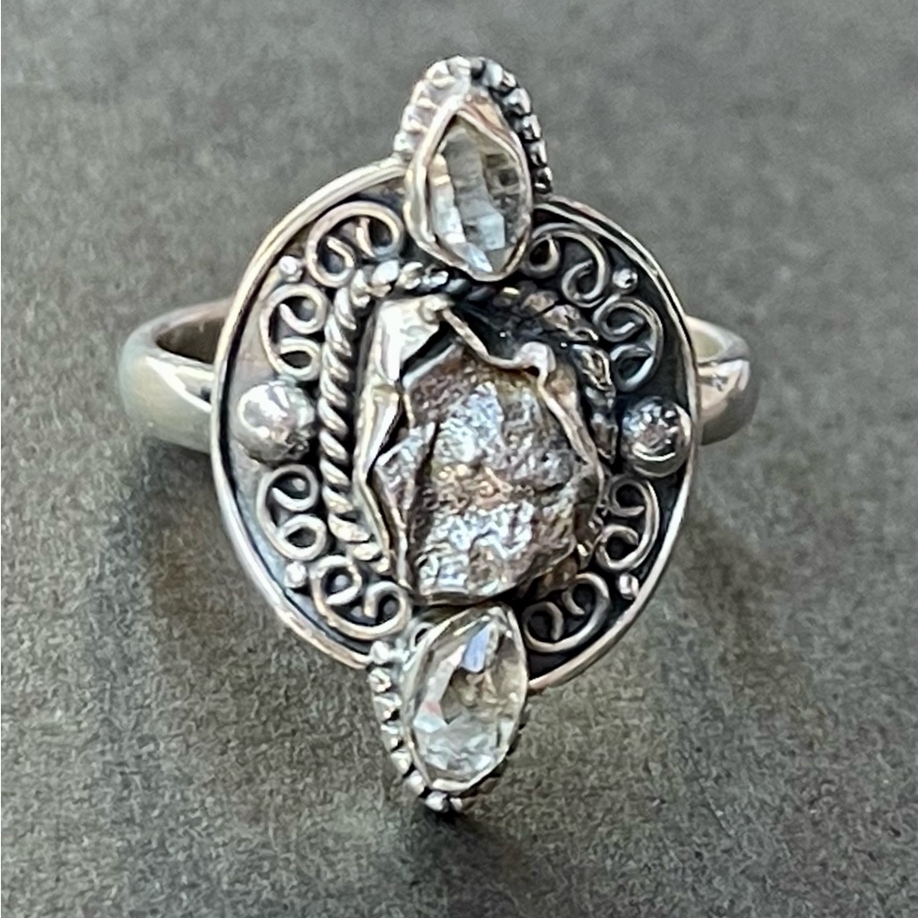 Herkimer Diamond  Meteorite Campo Del Cielo Sterling Silver Ring  Sz 8